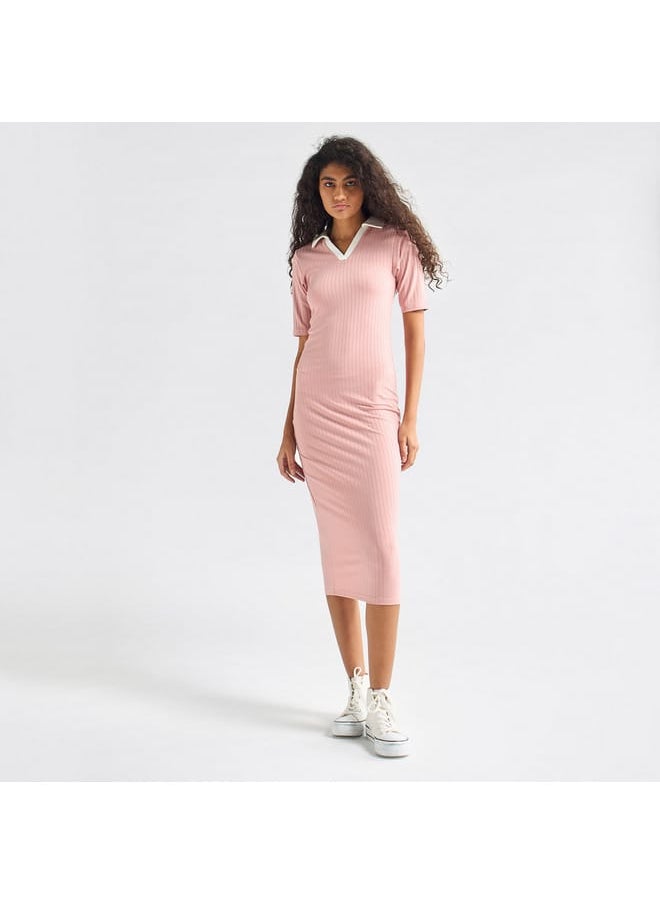 Splash FAV Striped Bodycon Dress with Collar and Short Sleeves  - Image 1