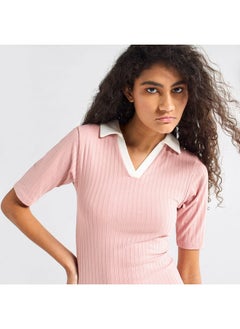 FAV Striped Bodycon Dress with Collar and Short Sleeves  - Image 4