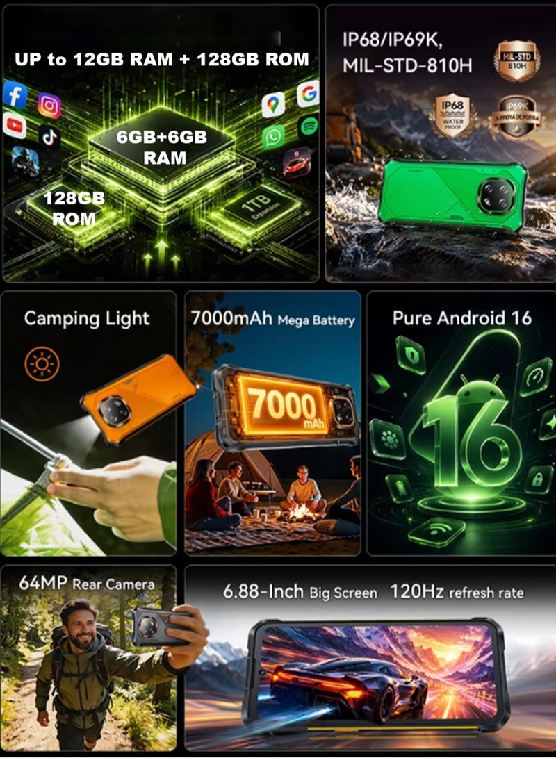 Cubot KingKong ES 5 Rugged Smartphone, 6.88 inch HD+ 120Hz Display, 6GB RAM + 128GB Storage, LED Flash Light, 7000mAh Battery, 64MP Camera, Android 16, Dual SIM, NFC, Fingerprint, IP68/IP69K Waterproof - Orange - Image 2