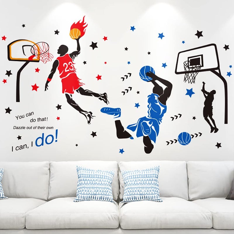 KeLay Fs 3D Basketball Wall Decals Sports Decor Basketball Player Wall Stickers Basketball Wall Decals Wallpaper for Boys Kids Room Decor Blue1Red