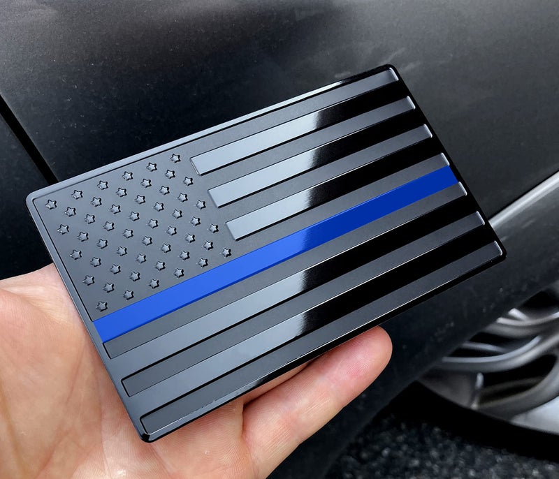 LFPartS USA Embossed Stainless Steel Metal Flag for Cars, Trucks Show Support of Police and Law Enforcement Officers Black with Thin Blue Line 5"x3" - Image 1