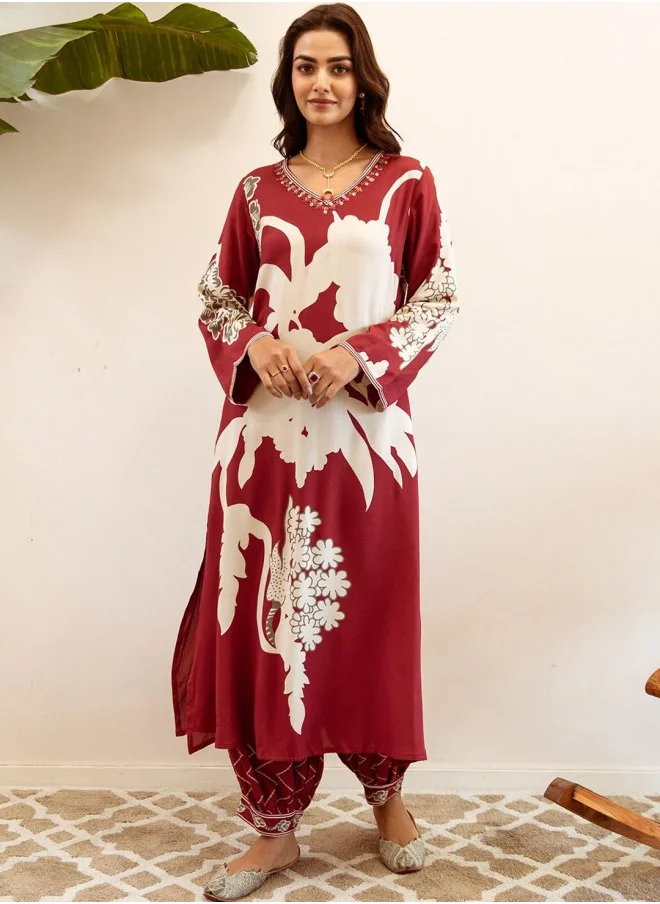 آي شين Straight Fit Printed Pattern Round Neck Long Sleeves Maroon Colour Knitted Cotton Kurta Set for Women with Semi Elastic Closure - A Statement Piece for Every Look