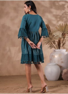 ISHIN Aline Fit Self Design Pattern V-Neck Neck 3/4 sleeve Teal Colour Knitted Cotton Dresses for Women with Semi Elastic Closure - Elevate Your Fashion Game  - Image 5