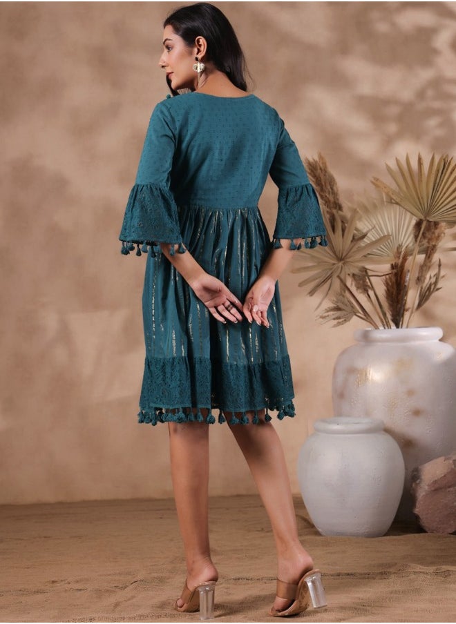 ISHIN - Aline Fit Self Design Pattern V-Neck Neck 3/4 sleeve Teal Colour Knitted Cotton Dresses for Women with Semi Elastic Closure - Elevate Your Fashion Game - Image 1