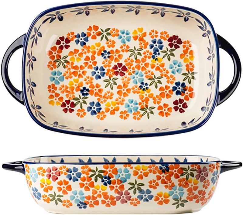 Bicuzat Colorful Cherry Blossom Flowers Vintage Style Ceramic Bakeware Dish Casserole Dish Baking Pan Lasagna Pans with Handles for Oven/Cooking/Kitchen, 1 PCS, 60 oz - Image 1