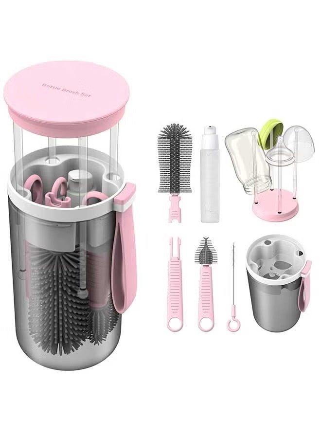 MARHABABY Portable Bottle Brush Cleaner Set, Travel Bottle Cleaner Kit for Baby with Silicone Bottle, Nipple and Straw Brush, Stirring Head, Soap Dispenser, Drying Rack and Storage Box, Pink - Image 1