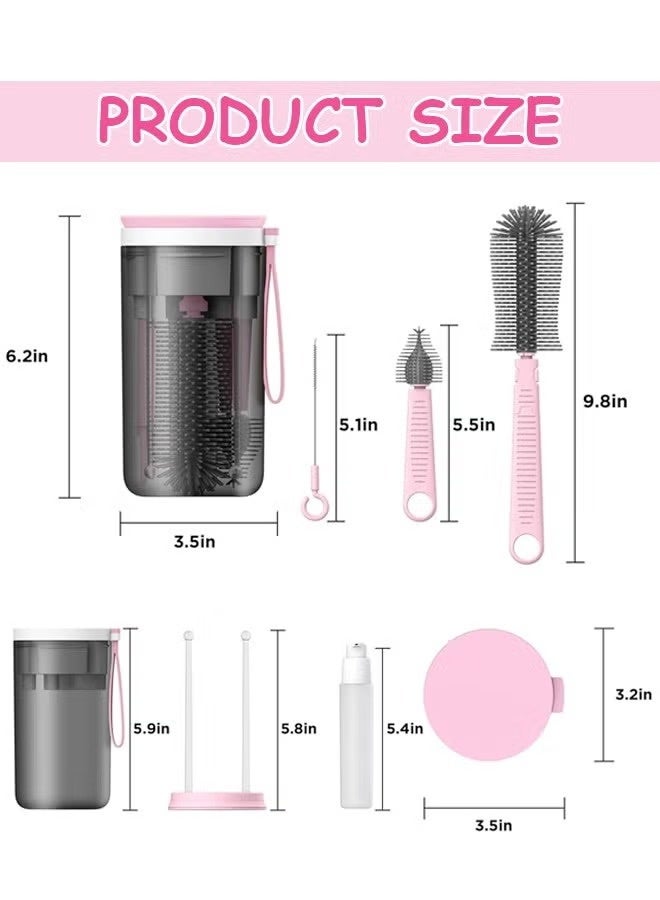 MARHABABY Portable Bottle Brush Cleaner Set, Travel Bottle Cleaner Kit for Baby with Silicone Bottle, Nipple and Straw Brush, Stirring Head, Soap Dispenser, Drying Rack and Storage Box, Pink - Image 2