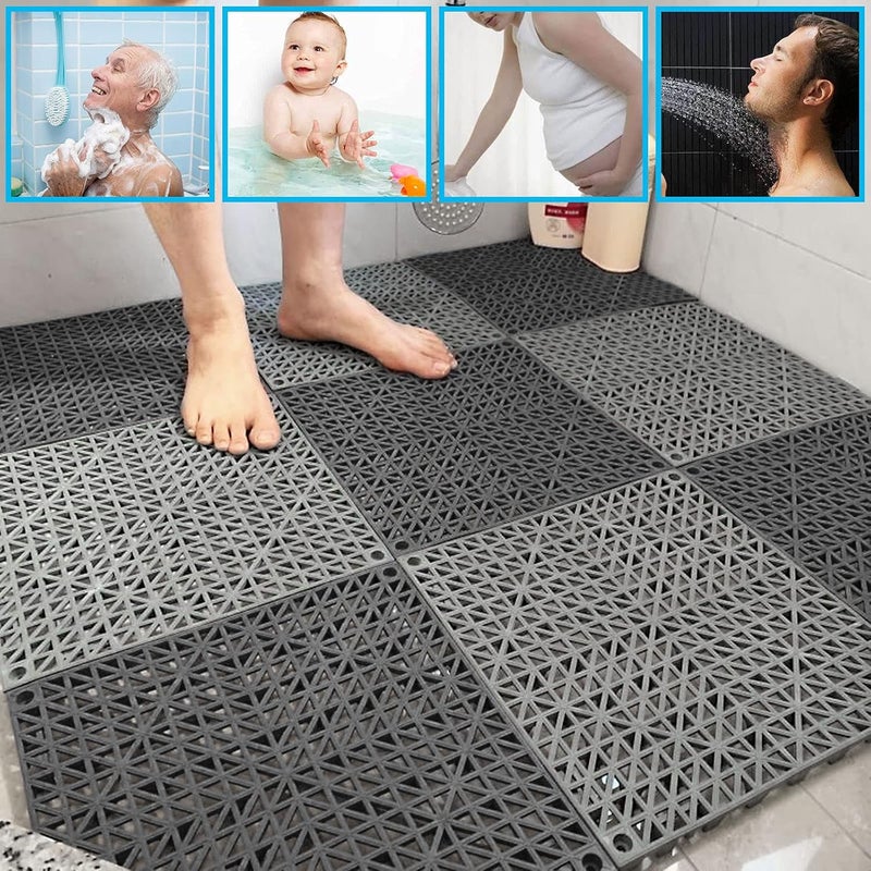 FengWu 12 حزمة من بلاط الأرضيات المطاطية المتشابكة للحمام مقاس 12 × 12 بوصة، غير قابلة للانزلاق، مقاومة للماء، حصيرة متشابكة قابلة للتجميع للصرف، السطح، المسبح، الفناء، الشرفة، الدش، المطبخ، الفناء الخلفي، رمادي - Image 5