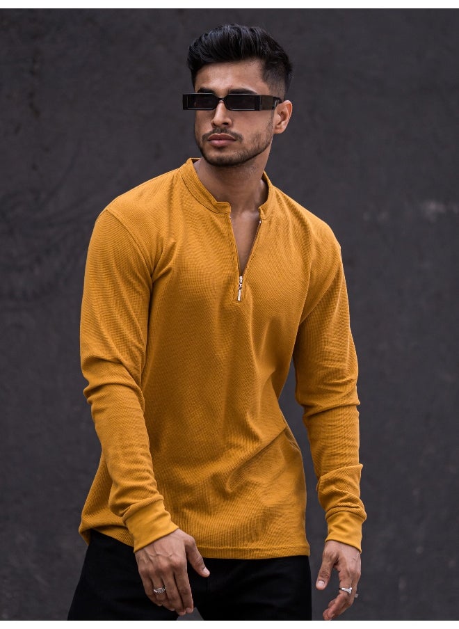 Maniac Maniac Men High Neck Solid Full Sleeve Mustard Cotton Slim Fit T-Shirt  - Image 4