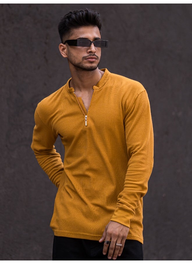 Maniac Maniac Men High Neck Solid Full Sleeve Mustard Cotton Slim Fit T-Shirt  - Image 2
