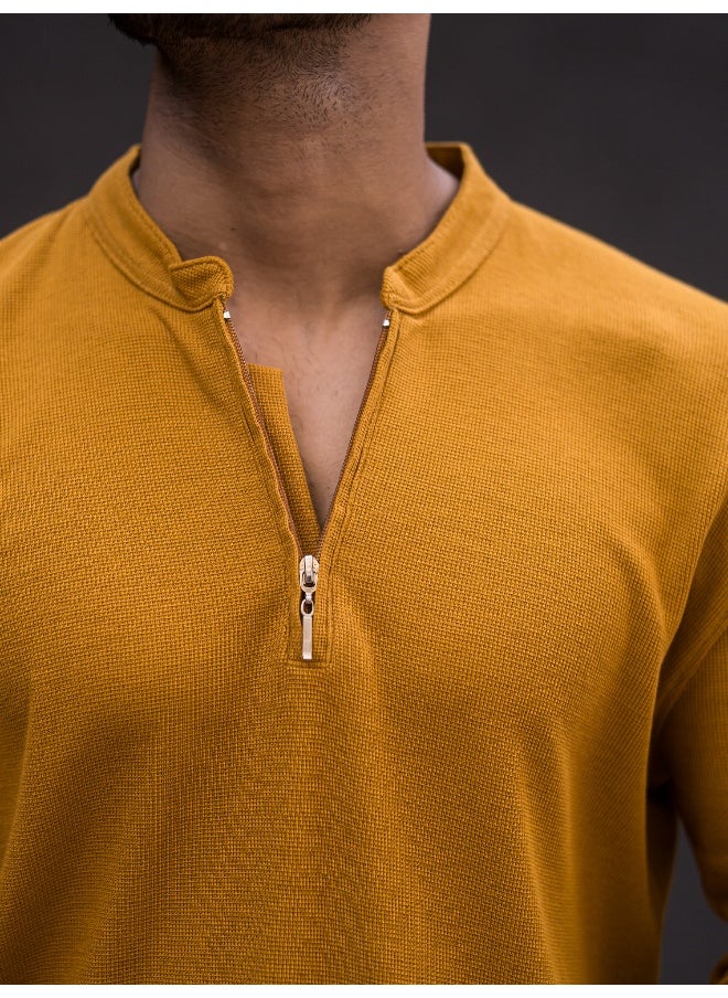 Maniac Maniac Men High Neck Solid Full Sleeve Mustard Cotton Slim Fit T-Shirt  - Image 5