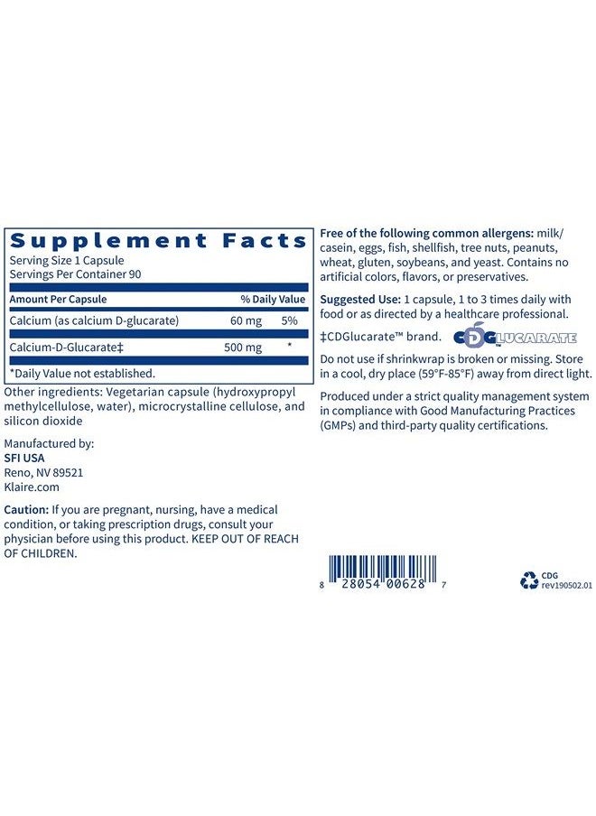 Klaire Labs - Calcium D-Glucarate 500mg - Supports Healthy Estrogen Metabolism & Detoxification - Liver & Detox Support Supplement - Gluten-Free, Yeast-Free & Hypoallergenic (90 Capsules) - Image 1