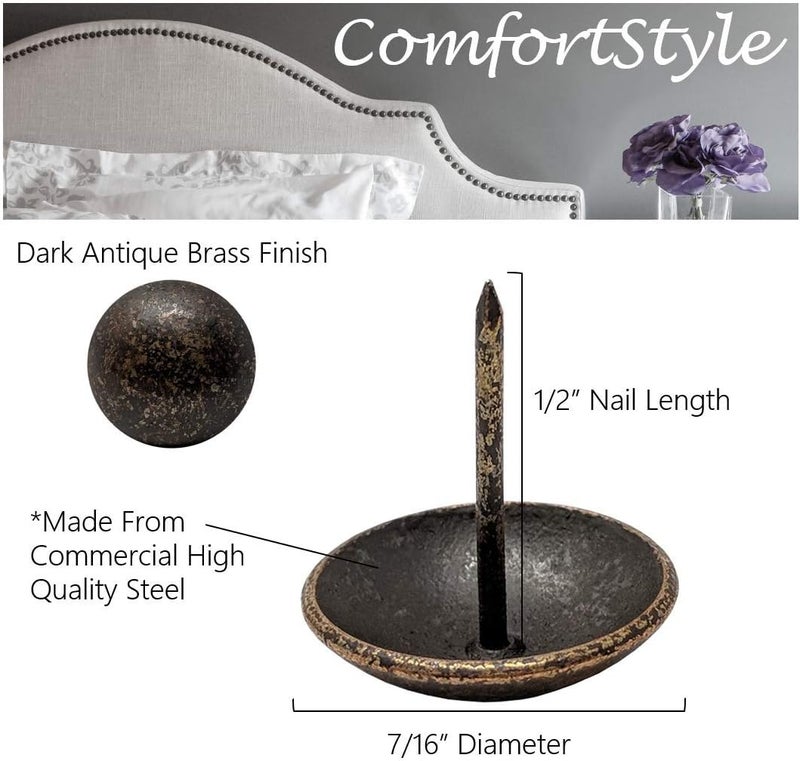 ComfortStyle Premium Upholstery Tacks, Nailhead Decorative Trim for Furniture, 7/16-inch Diameter (200, Dark Antique Brass) - Image 2