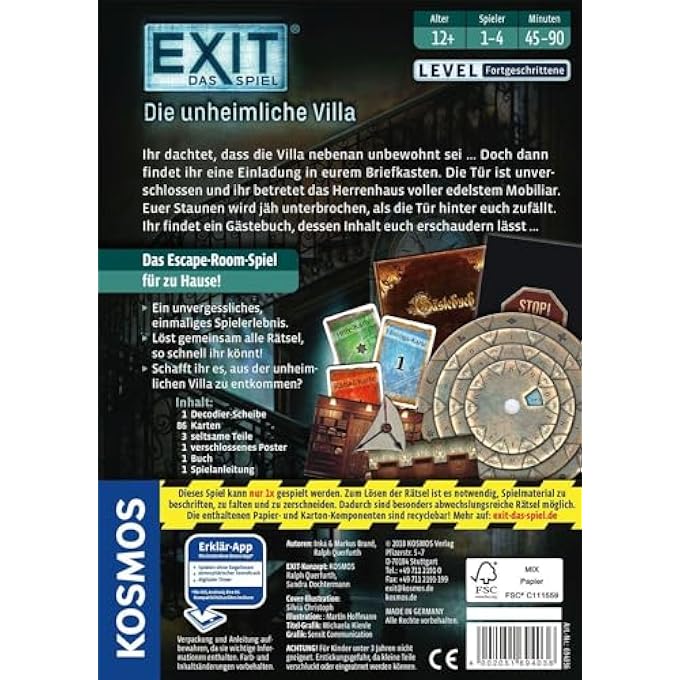Kosmos FKS6940360 694036 - EXIT - Das Spiel, Die unheimliche Villa, Level: Fortgeschrittene, Escape Room Spiel, fÃ¼r 1 bis 4 Spieler ab 12 Jahren, einmaliges Event-Spiel fÃ¼r Erwachsene und Kinder - Image 4