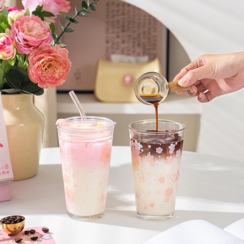 Olvini 15oz Glass Tumbler with Glass Straw and Lid, Cute Iced Coffee Cups, Aesthetic Glass Cups, Coffee Tumbler, Water Cup, Matcha Cup, Drinking Glasses (Cherry blossom) - Image 5