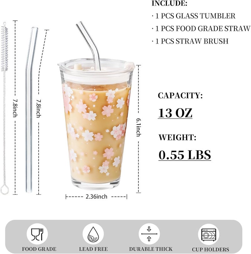 Olvini 15oz Glass Tumbler with Glass Straw and Lid, Cute Iced Coffee Cups, Aesthetic Glass Cups, Coffee Tumbler, Water Cup, Matcha Cup, Drinking Glasses (Cherry blossom) - Image 2