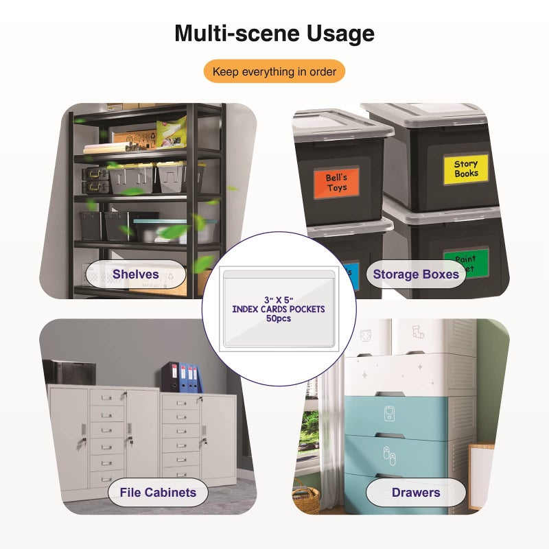 IMAGAME Clear Adhesive 3" x 5" Index Card Pockets With Top Open Loading, 50 Pack, Plastic Labels Holders for Storage Bins and Library, Ideal for Organizing and Protecting Your Cards - Image 4