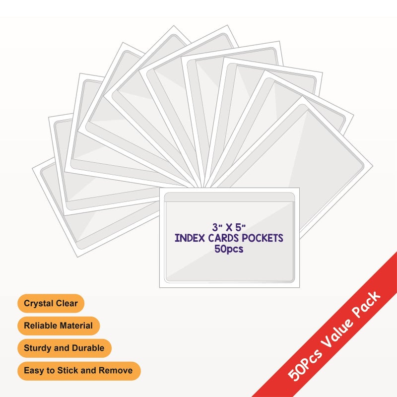 IMAGAME Clear Adhesive 3" x 5" Index Card Pockets With Top Open Loading, 50 Pack, Plastic Labels Holders for Storage Bins and Library, Ideal for Organizing and Protecting Your Cards - Image 2