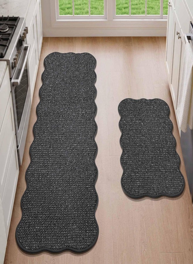 JSEI Scalloped Kitchen Rugs and Mats 2PCS, Kitchen Mats for Floor, Non-Slip Washable Kitchen Runner, Absorbent and Stain Resistant Rugs for Kitchen, Laundry & Sink, 17"x30"+17"x60", Charcoal - Image 3