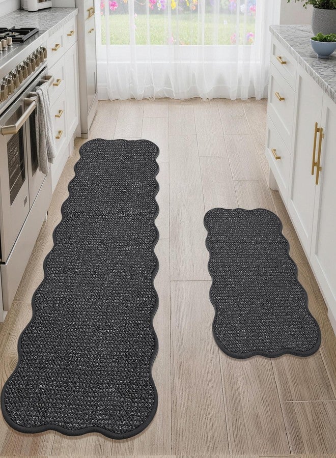 JSEI Scalloped Kitchen Rugs and Mats 2PCS, Kitchen Mats for Floor, Non-Slip Washable Kitchen Runner, Absorbent and Stain Resistant Rugs for Kitchen, Laundry & Sink, 17"x30"+17"x60", Charcoal - Image 1
