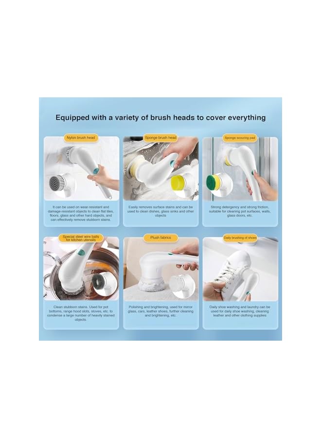 promass Cordless Electric Scrubber, Portable Cleaning Brush with 5 Brush Heads Handheld Cleaning Tool Versatile Scrub Brush Dish Scrubber 360° Rotating Scrubber for Plates, Pots, Walls, Kitchen, Shoes - Image 5