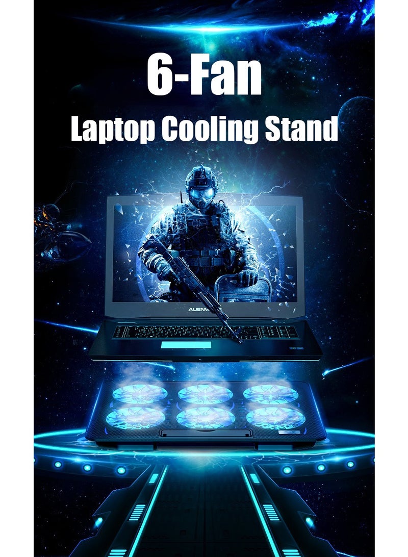Laptop Cooling Pad, Laptop Cooler with 6 Quiet Fans for 12-16 Inch Notebook Gaming Fan Stable Stand, Height & Wind Speed Adjustable, Phone Holder (Black) - Image 1