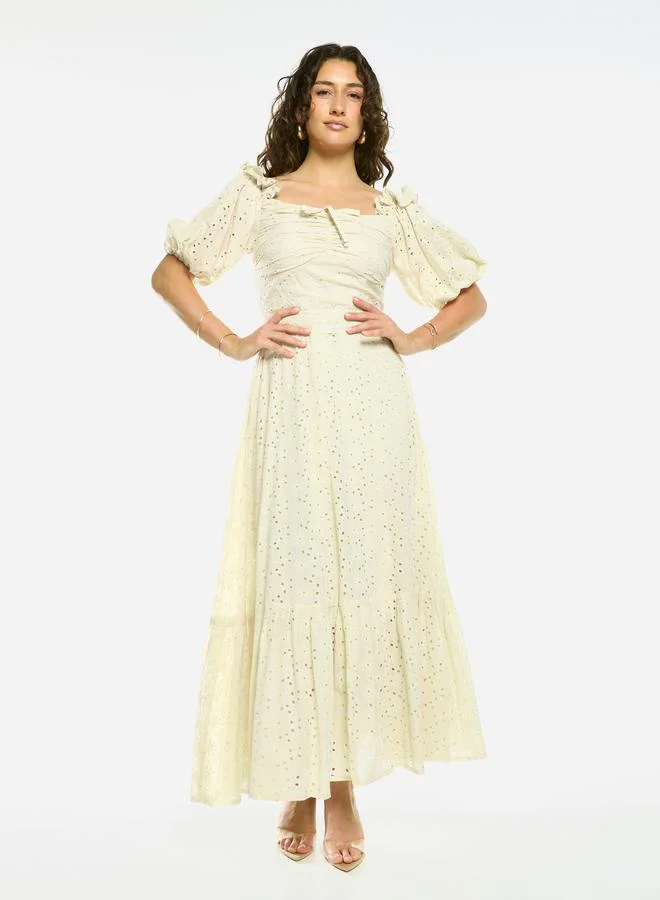 House of Moda Schiffli Puff Sleeves A-Line Maxi Dress