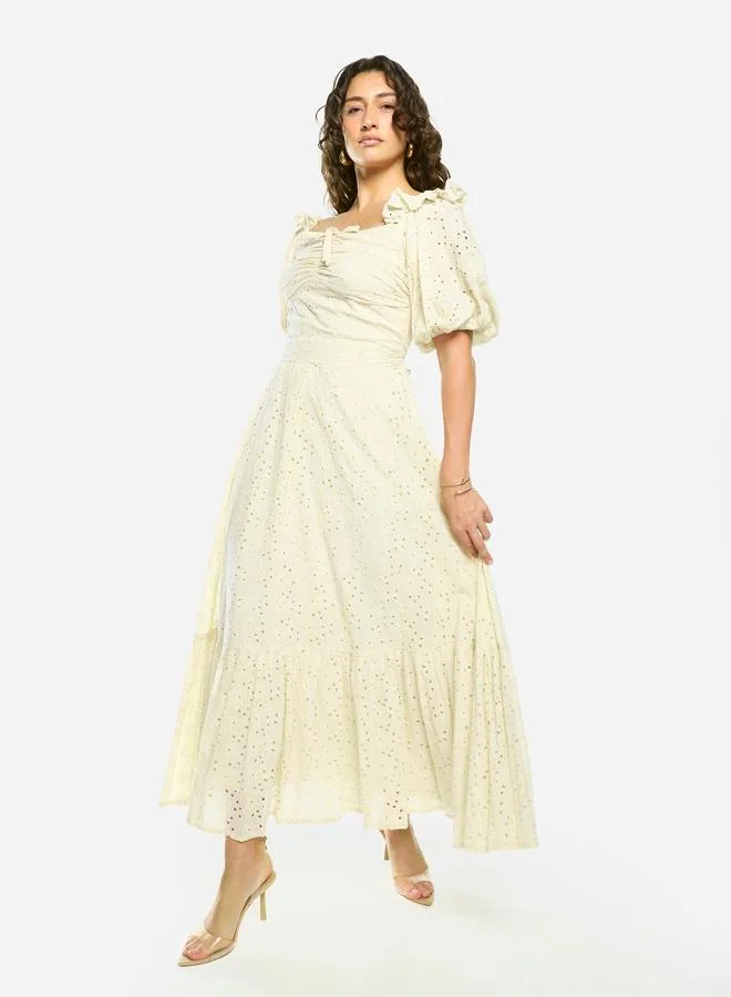 House of Moda Schiffli Puff Sleeves A-Line Maxi Dress