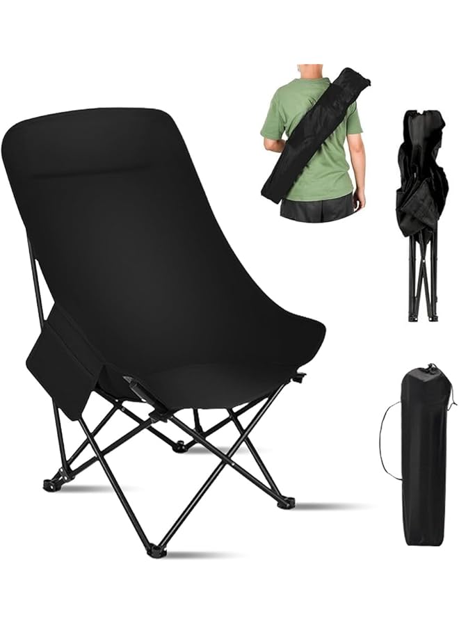 DMG TECH Portable Folding Camping Chair with High Back Upholstered Side Pocket Headrest Folding Moon Chair with Carry Bag For Camping Beach Leisure Travel Tailgate Max Load 150KG (Black) - Image 1