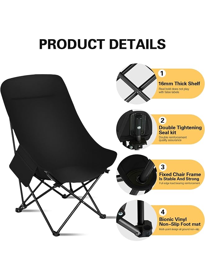 DMG TECH Portable Folding Camping Chair with High Back Upholstered Side Pocket Headrest Folding Moon Chair with Carry Bag For Camping Beach Leisure Travel Tailgate Max Load 150KG (Black) - Image 4