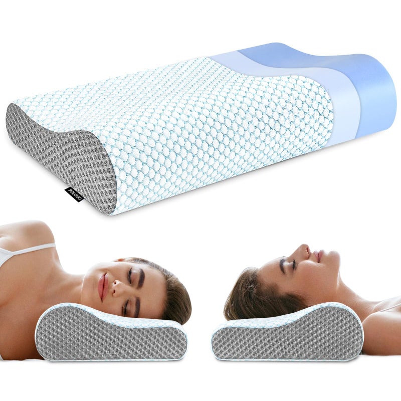 Polovo Memory Foam Pillows Neck Pillow Bed Pillow for Sleeping, Ergonomic Cervical Pillow for Neck and Shoulder Pain Relief,Orthopedic Contour Pillow for Side Back Stomach Sleeper(Blue&Grey) - Image 1