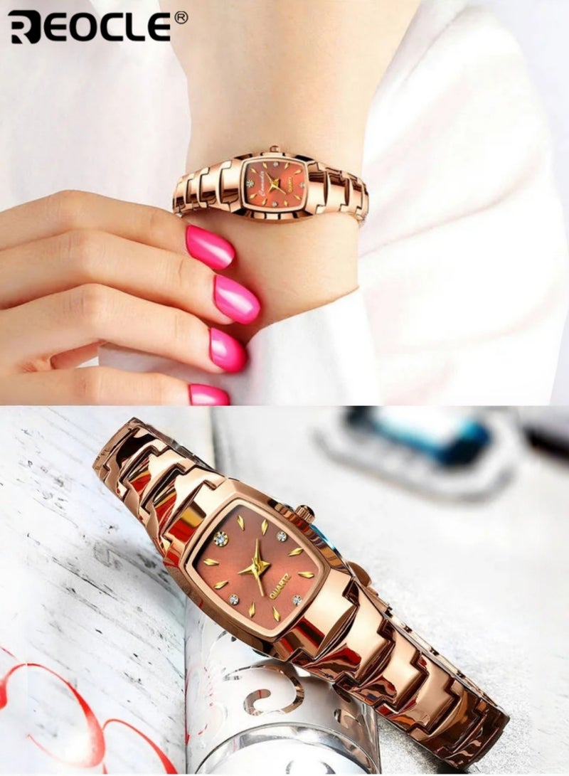 ريوكل ساعة كوارتز مربعة نسائية مع حزام فولاذي من الذهب الوردي وميناء ذهبي أنيق أنيق مناسب للارتداء اليومي للحفلات مناسبات خاصة هدية مثالية للنساء السيدات والبالغين - Image 1