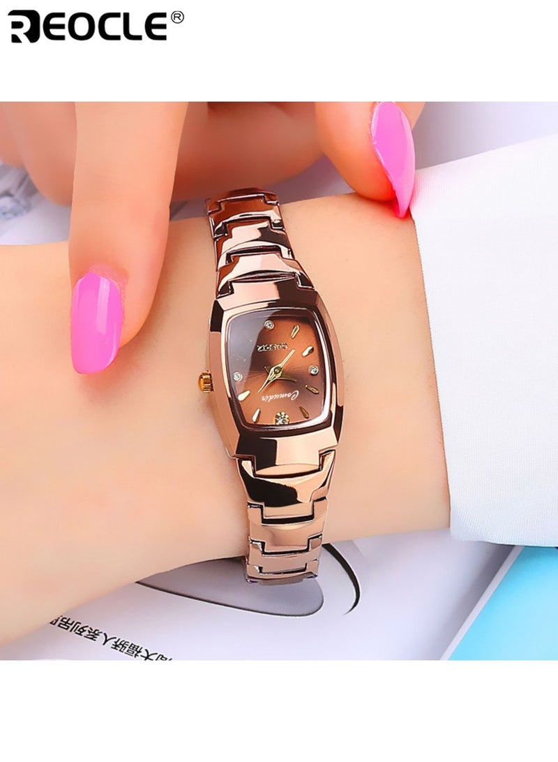 ريوكل ساعة كوارتز مربعة نسائية مع حزام فولاذي من الذهب الوردي وميناء ذهبي أنيق أنيق مناسب للارتداء اليومي للحفلات مناسبات خاصة هدية مثالية للنساء السيدات والبالغين - Image 4