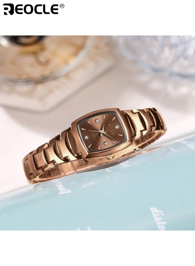 ريوكل ساعة كوارتز مربعة نسائية مع حزام فولاذي من الذهب الوردي وميناء ذهبي أنيق أنيق مناسب للارتداء اليومي للحفلات مناسبات خاصة هدية مثالية للنساء السيدات والبالغين - Image 3