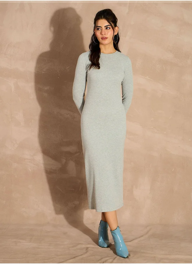 ساسافراس Ribbed Long Sleeves Sheath Midi Dress
