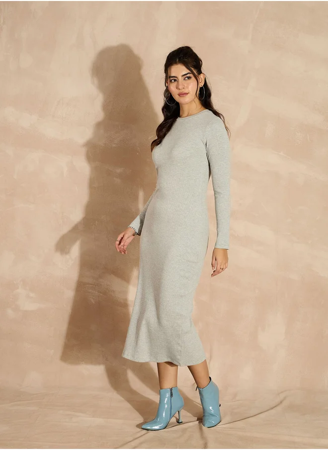 ساسافراس Ribbed Long Sleeves Sheath Midi Dress
