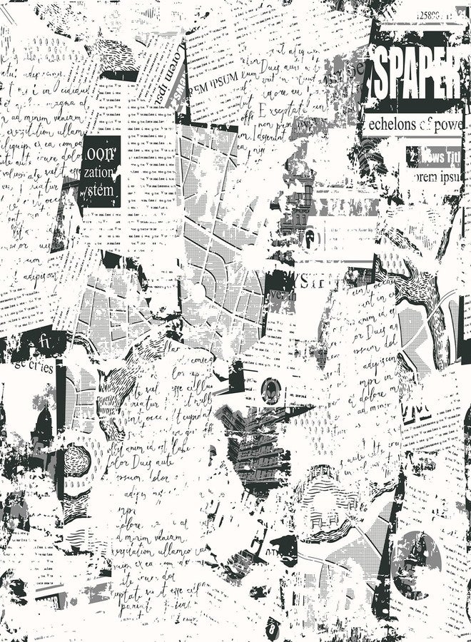 ReWallpaper 17.5inx23ft Black White Newspaper Print Peel and Stick Wallpaper Vintage Collage Pattern Removable Waterproof Wall Covering for Bathroom Bedroom Office Studio Study Loft Retro Style Decor - Image 1