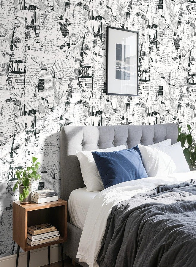 ReWallpaper 17.5inx23ft Black White Newspaper Print Peel and Stick Wallpaper Vintage Collage Pattern Removable Waterproof Wall Covering for Bathroom Bedroom Office Studio Study Loft Retro Style Decor - Image 2