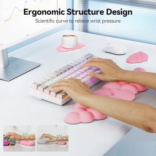 TECKNET Cloud Keyboard Wrist Rest Set, Cloud Wrist Rest with Non-Slip Base, PU Leather Wrist Pad for Keyboard with Ergonomic Memory Foam for Computer Laptop Office Gaming and Pain Relief, Dark Pink - Image 3
