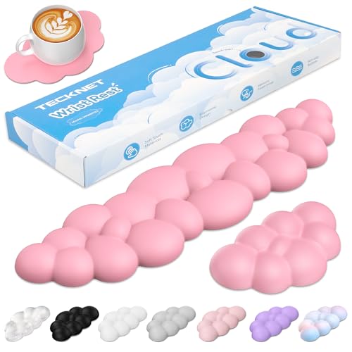 TECKNET Cloud Keyboard Wrist Rest Set, Cloud Wrist Rest with Non-Slip Base, PU Leather Wrist Pad for Keyboard with Ergonomic Memory Foam for Computer Laptop Office Gaming and Pain Relief, Dark Pink - Image 1