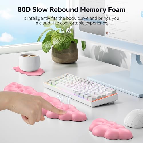 TECKNET Cloud Keyboard Wrist Rest Set, Cloud Wrist Rest with Non-Slip Base, PU Leather Wrist Pad for Keyboard with Ergonomic Memory Foam for Computer Laptop Office Gaming and Pain Relief, Dark Pink - Image 4