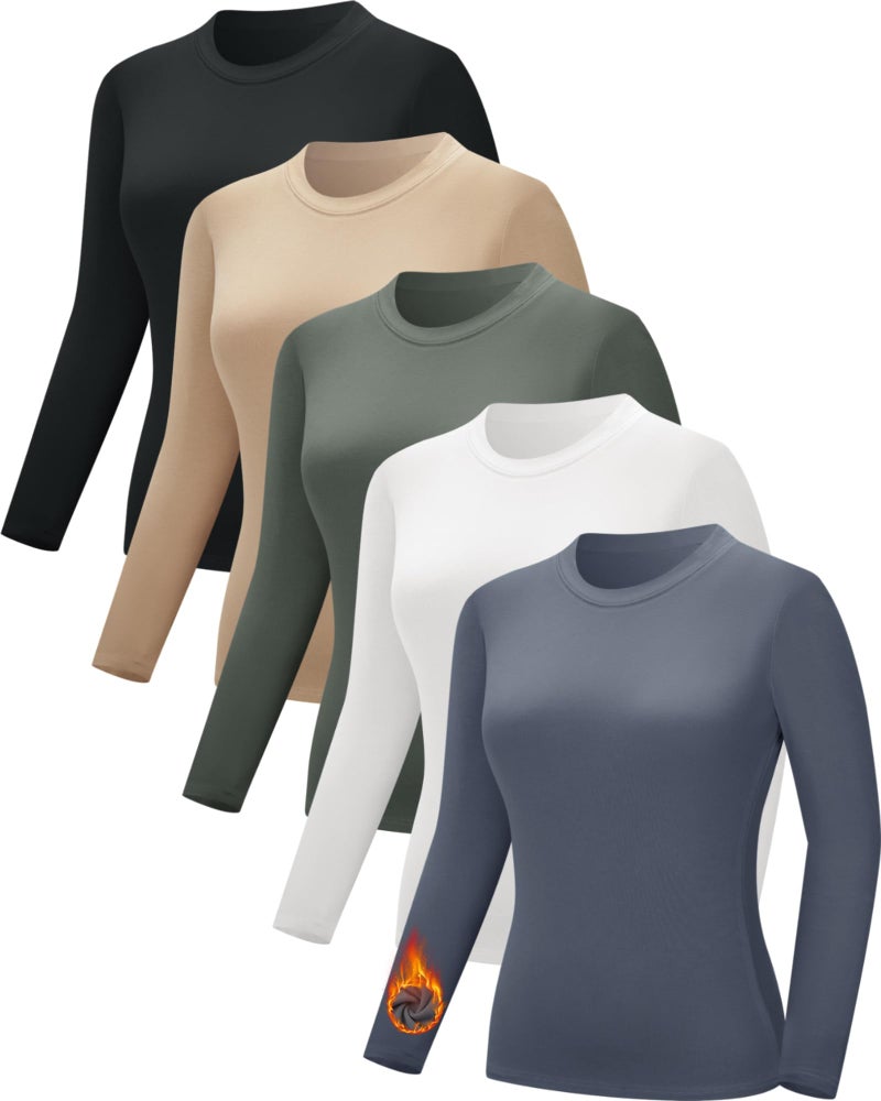 CE' CERDR 3/5 Pack Womens Long Sleeve Thermal Shirts Crew Neck Fleece Lined Basic Fitted Workout Going Out Underscrubs Tops, Black, White, Nude, Olive Green, Dark Blue, Medium - Image 1