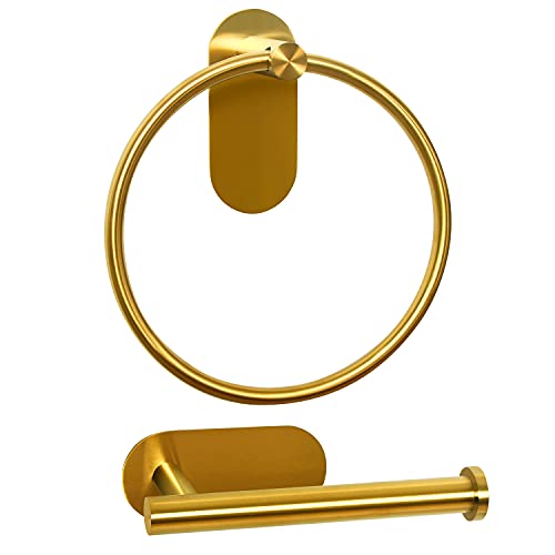 HouseAid Self Adhesive Towel Ring and Toilet Paper Holder Set, Stainless Steel No Drilling Hand Towel Holder Kit for Bathroom, Brushed Gold (2 Pieces) - Image 1