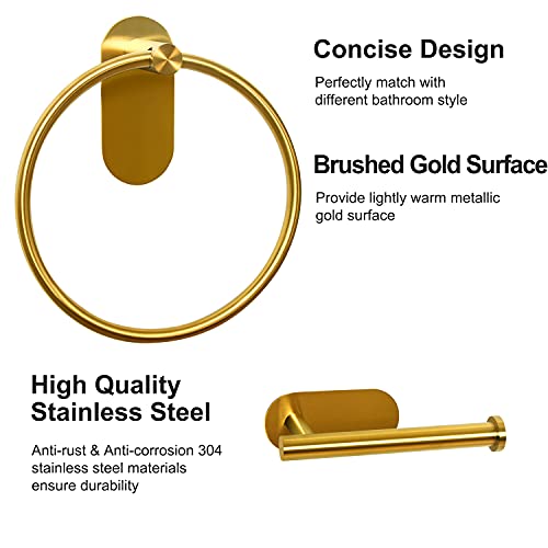 HouseAid Self Adhesive Towel Ring and Toilet Paper Holder Set, Stainless Steel No Drilling Hand Towel Holder Kit for Bathroom, Brushed Gold (2 Pieces) - Image 4