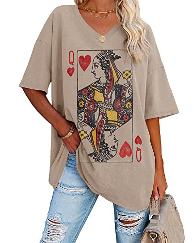 Fazortev Womens Oversized Queen Of Hearts Graphic T Shirts Casual V Neck Half Sleeve Summer Loose Tees Tunic Tops Khaki - Image 5