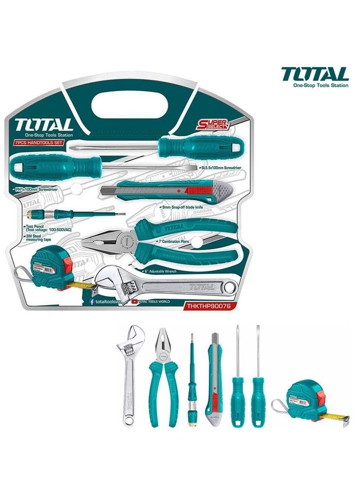 TOTAL Thkthp90076 7 Pieces Repair Tool Set For Home Office Tools Set Of Pliers, Screwdrivers, Tester, Adjustable Spanner, Measure Tape And Knife  - Image 1