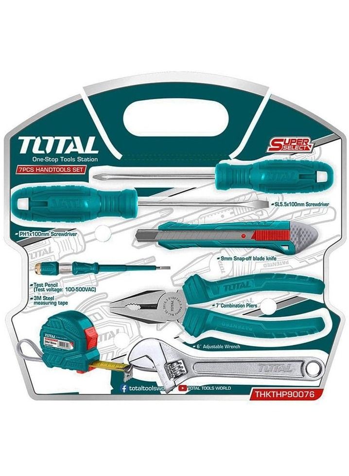 TOTAL Thkthp90076 7 Pieces Repair Tool Set For Home Office Tools Set Of Pliers, Screwdrivers, Tester, Adjustable Spanner, Measure Tape And Knife  - Image 2