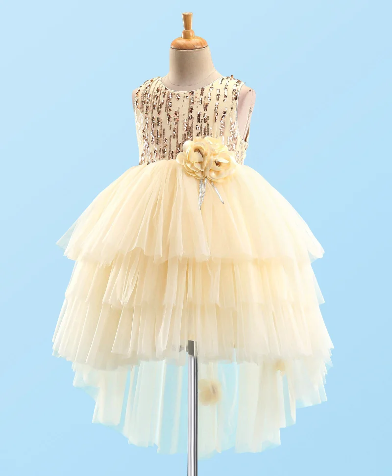 babyhug Babyhug Sleeveless Party Frock With Floral Corsage & Sequine Detailing - Yellow