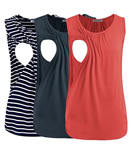 Smallshow Womens Maternity Nursing Tank Tops Breastfeeding Clothes 3Pack Large Dark GreyOrangeNavy Stripe