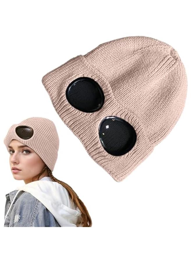 Uni Knitted Goggles Beanie,Solid Color Lens Design Hat Warm Winter Hat Outdoor Sports Cap Stretchy Beanie